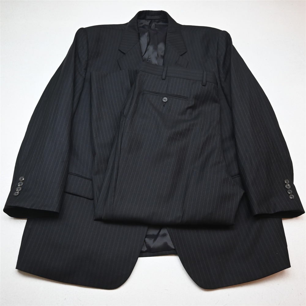 Chaps Ralph Lauren 48R 40x29 Black Striped 100% Wool Mens Jacket Pants Suit